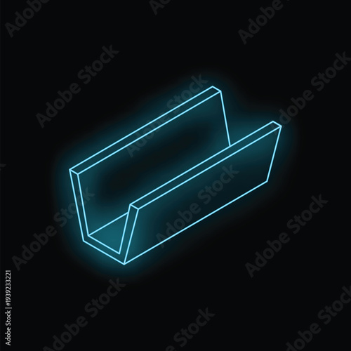 Neon blue u shaped beam is glowing on a black background, representing concepts like construction and engineering