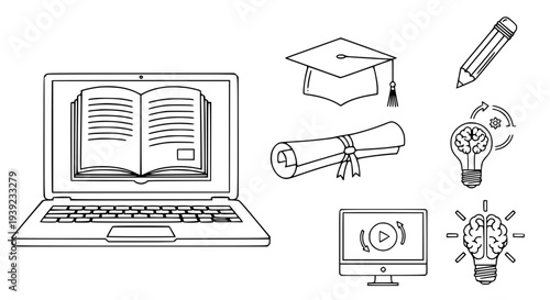 Illustrated scene of a laptop displaying an open book, surrounded by graduationcap, diploma, pencil, lightbulb, monitor and brain symbols representing e‑learning innovation