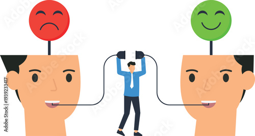 Businessman connecting emotional heads, symbolizing communication skills, mental health, changing perspective, problem solving, relationship building, and conflict resolution