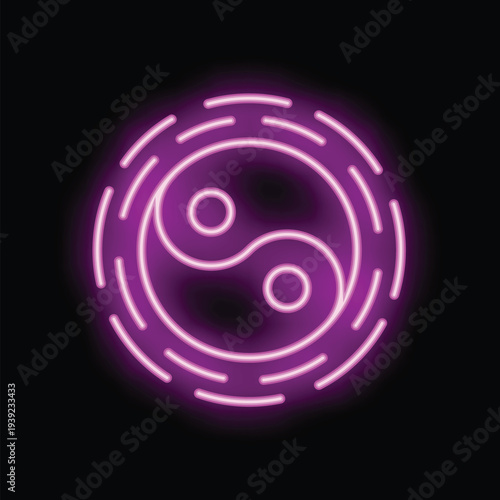 Vibrant purple neon sign is glowing on a black background, displaying the yin yang symbol