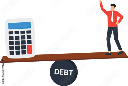 Businessman balancing financial debt using calculator tool, showing budget planning, money management, business success, economic stability, and accounting control concept.