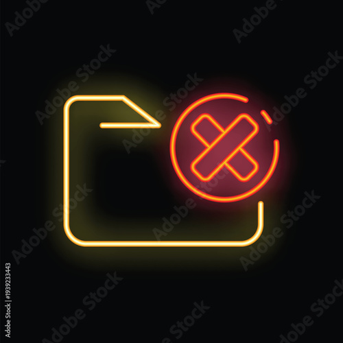 Glowing neon icon depicting a folder with a large x symbolizing deletion, conveying a concept of data removal or file deletion