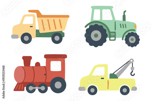 Construction and Farm Machinery Set, Heavy Duty Truck Tractor and Train Engine Flat Illustration