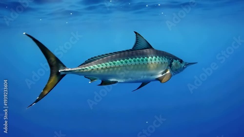 Underwater marlin swimming in blue ocean waters cinematic shot of large ocean predator undersea wildlife and marine life