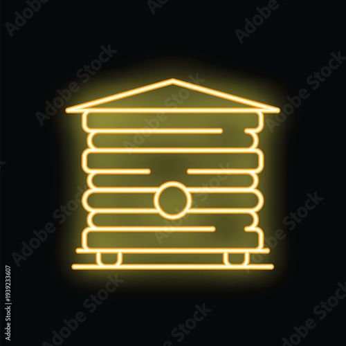 Glowing yellow neon line beehive icon, representing beekeeping and honey production