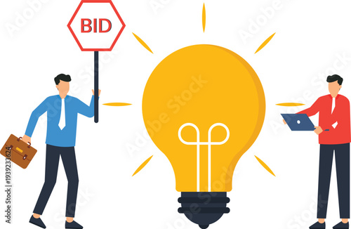 Light bulb business idea creative thinking bidding process auction concept financial strategy innovation concept two businessmen digital technology corporate strategy investment opportunity