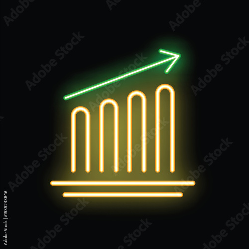 Neon sign showing a graphic of growing bars with an upward arrow, on a black background