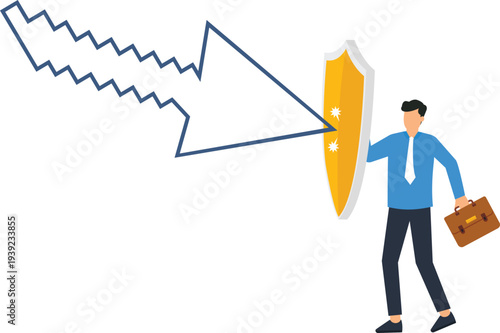 Businessman holding protective shield blocking downward market arrow financial risk management corporate defense investment safety economic downturn future stability business insurance