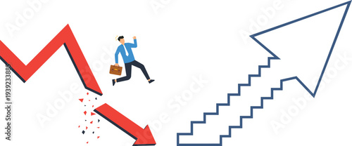 Businessman jumping business recovery financial growth overcoming challenge market crisis success path upward arrow downward trend career opportunity strategic move