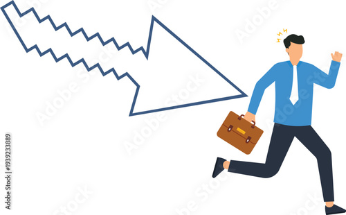 Businessman running financial crisis market crash economic recession stock decline business failure downward trend urgent situation panic fleeing corporate stress
