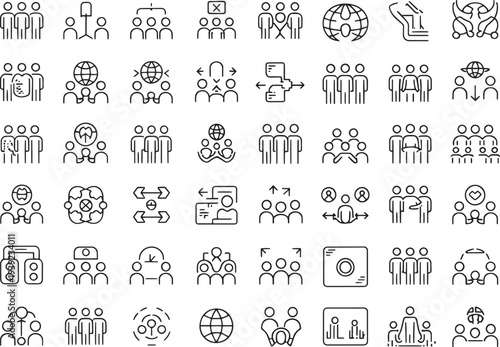 Title: a collection of fifty line representing various networking and group activities with symbols of people, globes, and communication devices