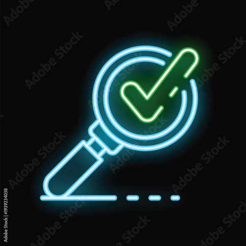 Neon magnifying glass showing green check mark symbol on dark background, concept of search engine optimization