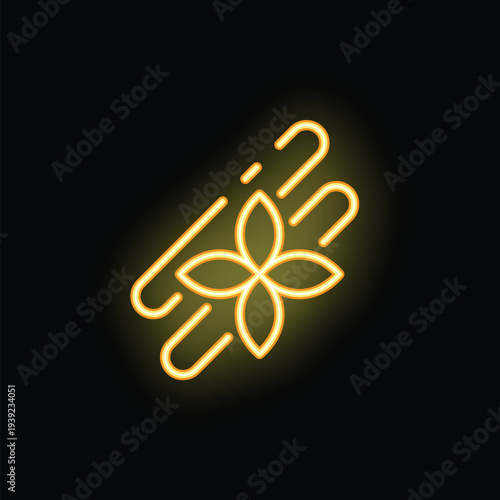 Bright yellow neon icon of a hand holding a flower, representing charity, donation, and support on a black background