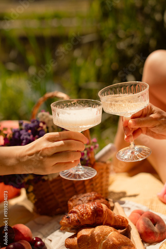 friends celebrating vacation with drinks on lakeside picnic
