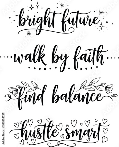 Four motivational quotes in elegant script with decorative elements