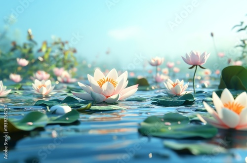 A pond with water lilies and lotus flowers floating on the surface, surrounded by green leaves. The background is a clear blue sky