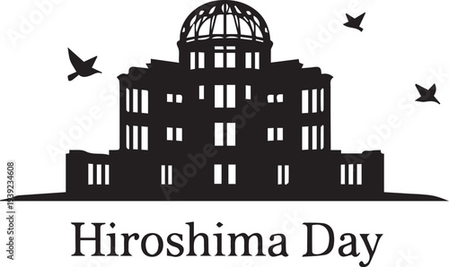 Black and white silhouette of Hiroshima Peace Memorial with birds flying above and Hiroshima dome de