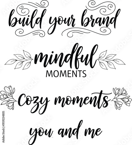 Four elegant calligraphy phrases on a white background
