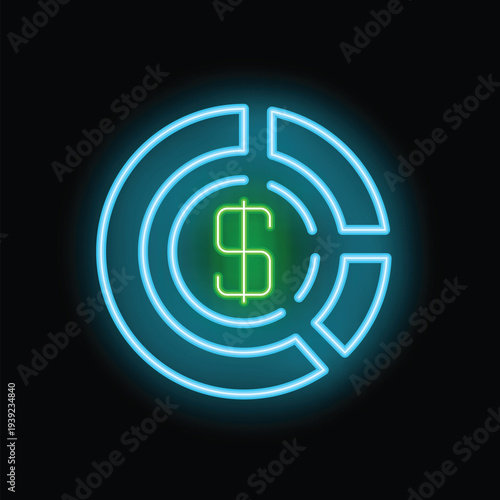 Glowing blue neon style graphic showing a pie chart with a green dollar sign in the center on a black background