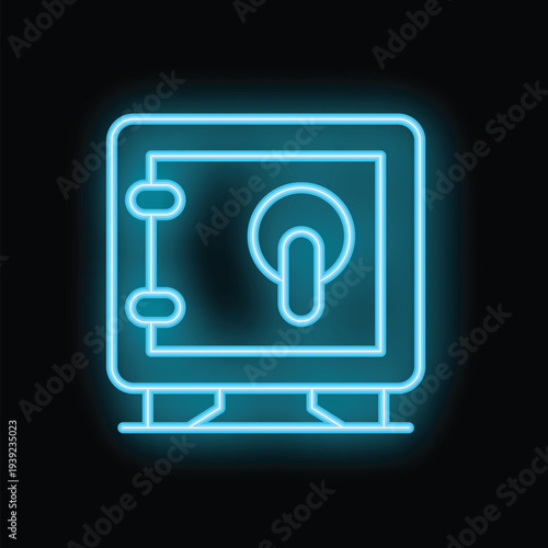 Bright neon blue safe deposit box shining in the dark, concept of safety and security