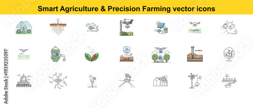 A comprehensive set of smart agriculture and precision farming vector icons, featuring a variety of elements related to modern agricultural practices, tools, and technologies.