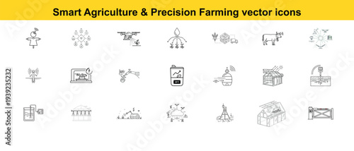 Illustrative of modern farming techniques, this collection of vector icons showcases the innovative tools and strategies utilized in smart agriculture. Emphasizing precision.