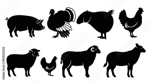 Farm Animal Silhouettes Collection: Pig, Turkey, Chicken, Sheep, and Ram Icons