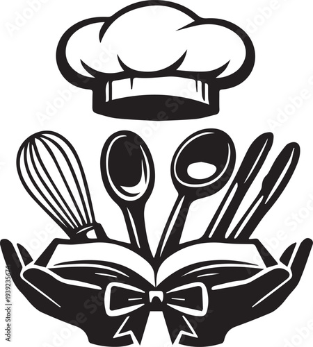 Hands holding cookbook with utensils vector illustration