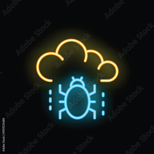 Glowing neon icon of a bug falling from a cloud, symbolizing a cloud security threat