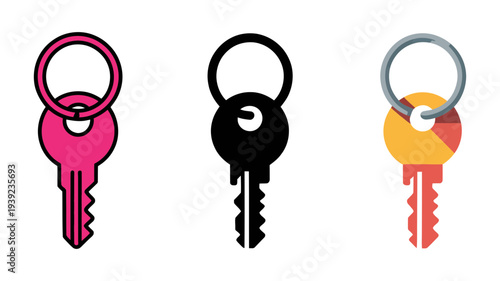 Three unique keys with keyrings are displayed in different styles.