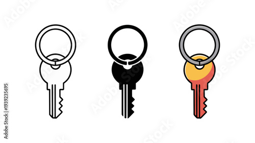 Three key icons with keyrings are shown in outline, black, and color.