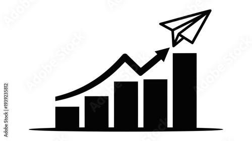A solid black bar chart shows growth with a paper airplane.