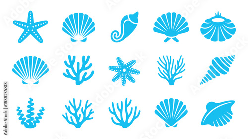 A beautiful collection of diverse blue marine life silhouettes.