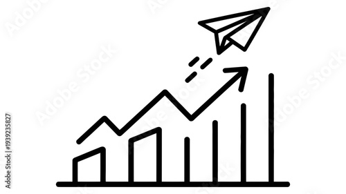 A paper airplane takes off from a growing bar chart.