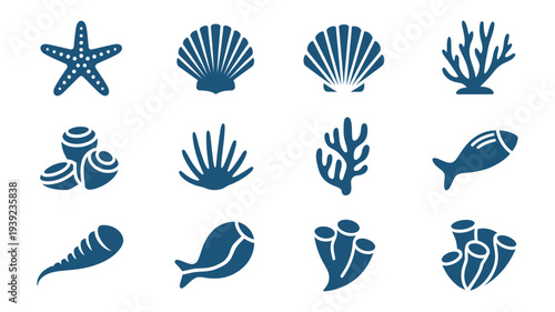 A collection of blue marine life icons on white.