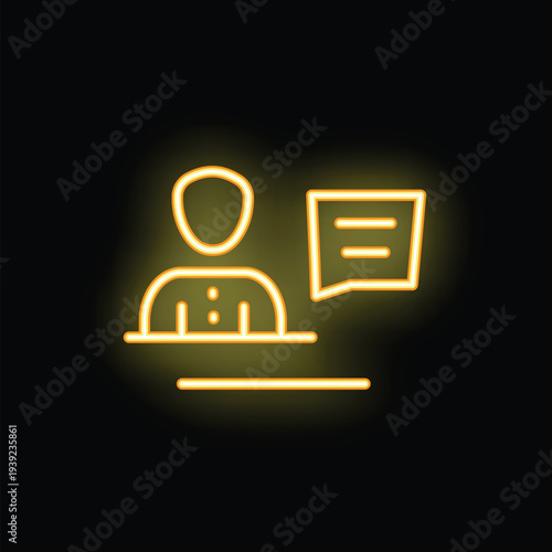 Yellow neon sign of a businessman making a statement with a speech bubble on black background