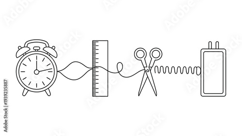 Abstract line drawing connects time, measure, cut, and power.