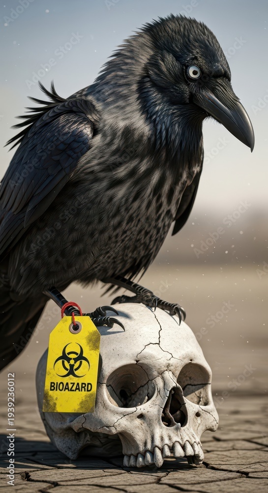 Naklejka premium Dark bird with bright eyes rests one claw upon a cracked human skull bearing a warning tag