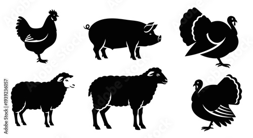 Farm Animal Silhouettes Set: Chicken, Pig, Sheep, and Turkey Livestock Collection