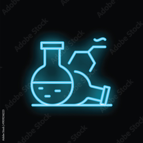 Neon blue icon of a chemical reaction happening in a beaker with molecule