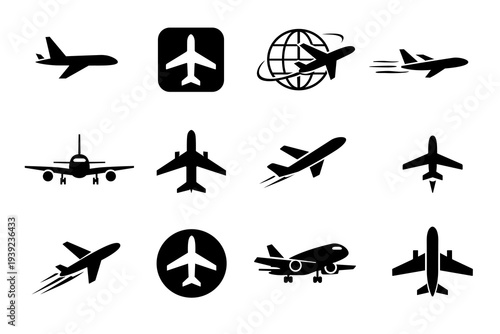 Set of airplane icons. Black aircraft silhouette collection. Travel and aviation symbols. Simple flight vector graphics. Commercial plane design elements.