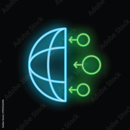 Glowing neon icon representing the concept of decentralized finance with its global reach and distributed nature