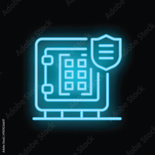 Glowing neon safe deposit box with a shield, symbolizing financial security and data protection