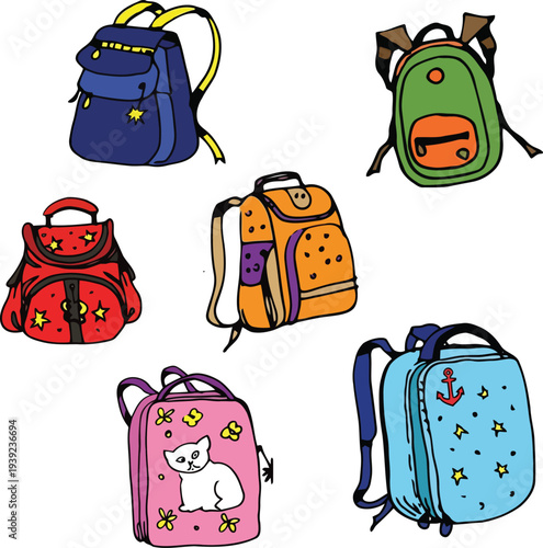 Colorful cartoon backpacks vector illustration.