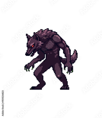 Pixelated werewolf illustration against black background
