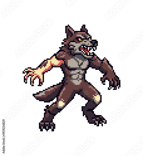 Pixelated werewolf figure against a black background