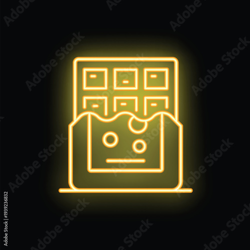 Yellow neon sign of a melting chocolate bar on a dark background, perfect for any project needing a sweet touch
