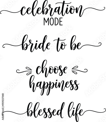Wedding celebration phrases on a white background for bridal inspiration and decor