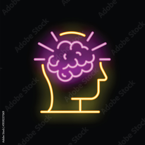 Neon sign depicting a brain with glowing rays coming out of it, symbolizing creative thinking