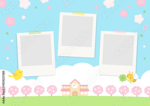 卒園や入園の写真フレームと桜と幼稚園の背景